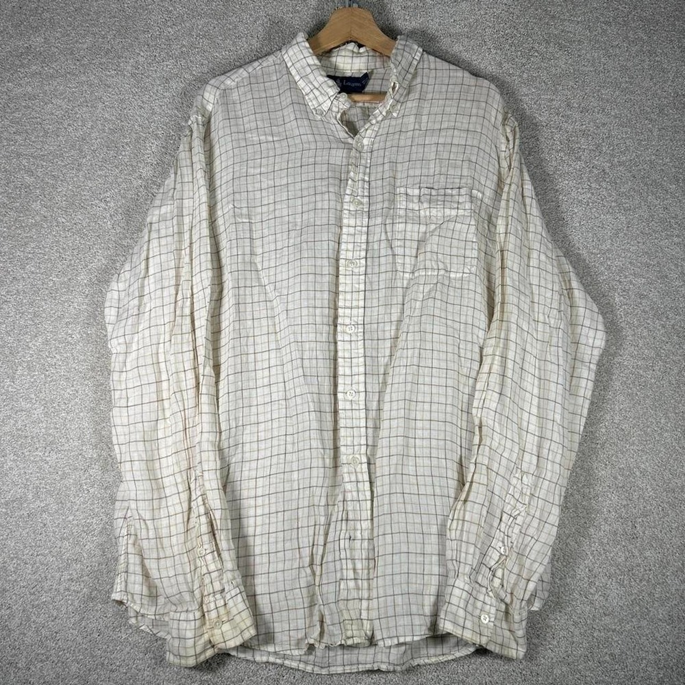 Men's Polo Ralph Lauren white custom fit 100% linen plaid l/s button up shirt XL